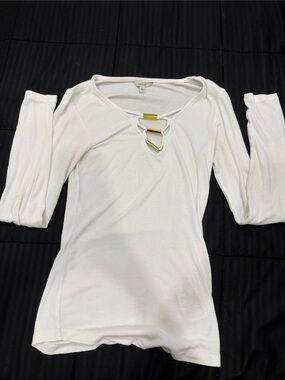 Guess White Long Sleeve Ribbed Lace-Up Top with Gold Accents